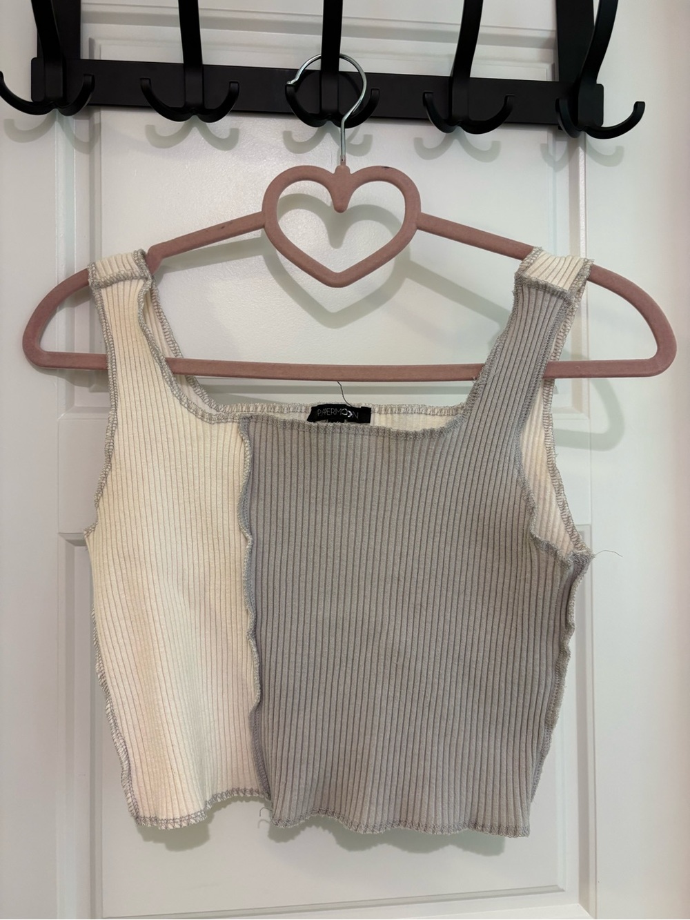 70% Cotton Papermoon Two-Tone Ribbed Crop Tank in White & Gray